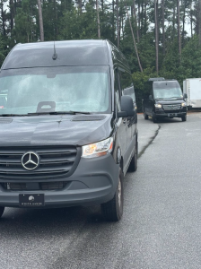 Two 14-Passenger Mercedes Benz Sprinter vans on the way from Bluffton South Carolina to Savannah Hilton Head International Airport for Transportation needs.